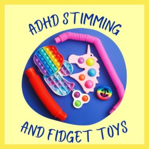Several Fidget Toys in a blue circle with a yellow background.