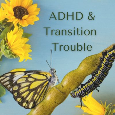 Sunflowers, with a yellow butterfly one one side of a stick and a yellow and black caterpillar on the other side. The words read ADHD Transition and Trouble