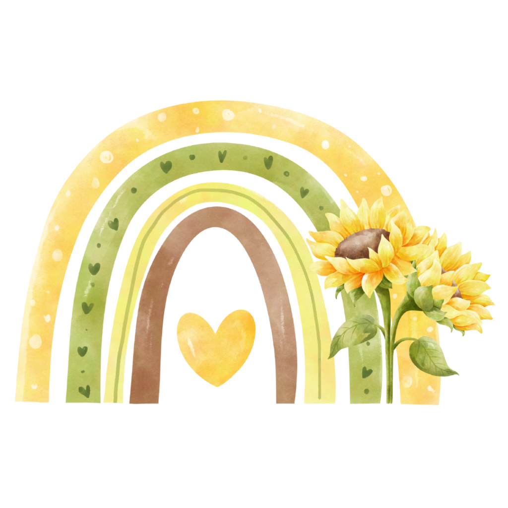 Yellow green and brown rainbow with yellow sunflowers on one side and a yellow heart underneath.