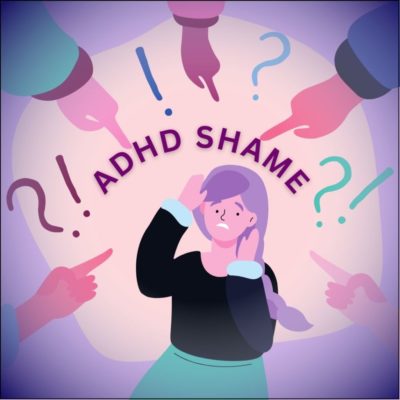 ADHD Shame - girl with purple hair looking worried as multiple hands point at her.