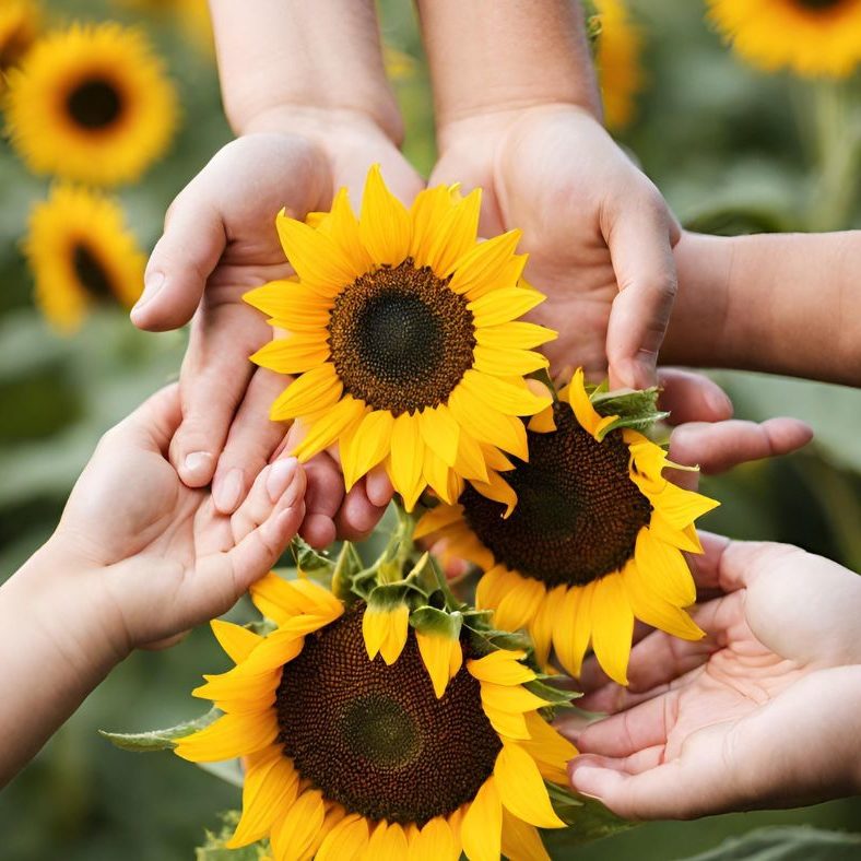 Family hands holding sunflowers