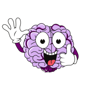 Purple cartoon brain with smiling face, a thumbs up, and waving.