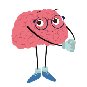 Pink cartoon brain with glasses holding their hands together in front of them.