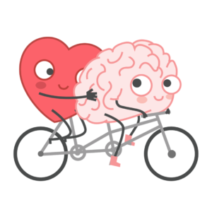 Pink Cartoon Brain with smiley face riding a double bicycle with a red heart also smiling.