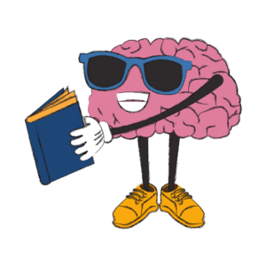 Pink cartoon brain wearing sunglasses reading a book.