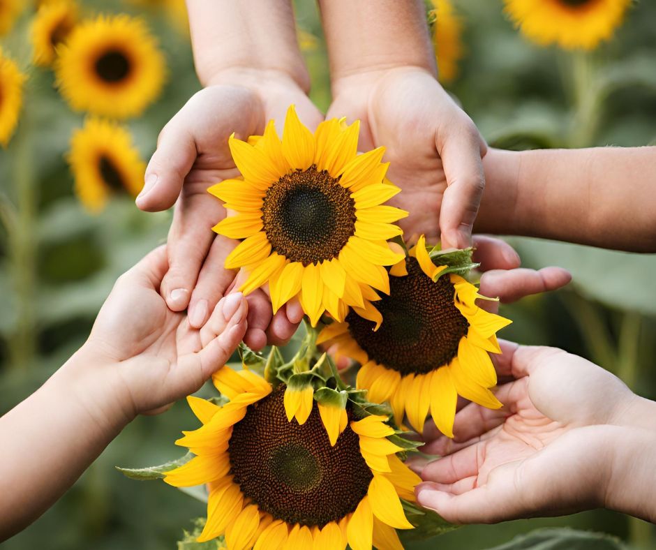 Family hands holding sunflowers
