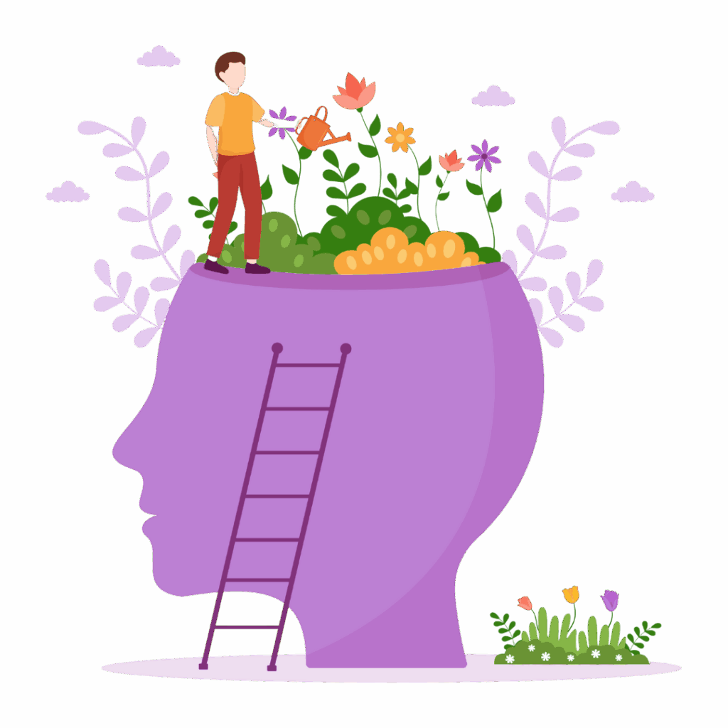Purple head with a person on top watering flowers