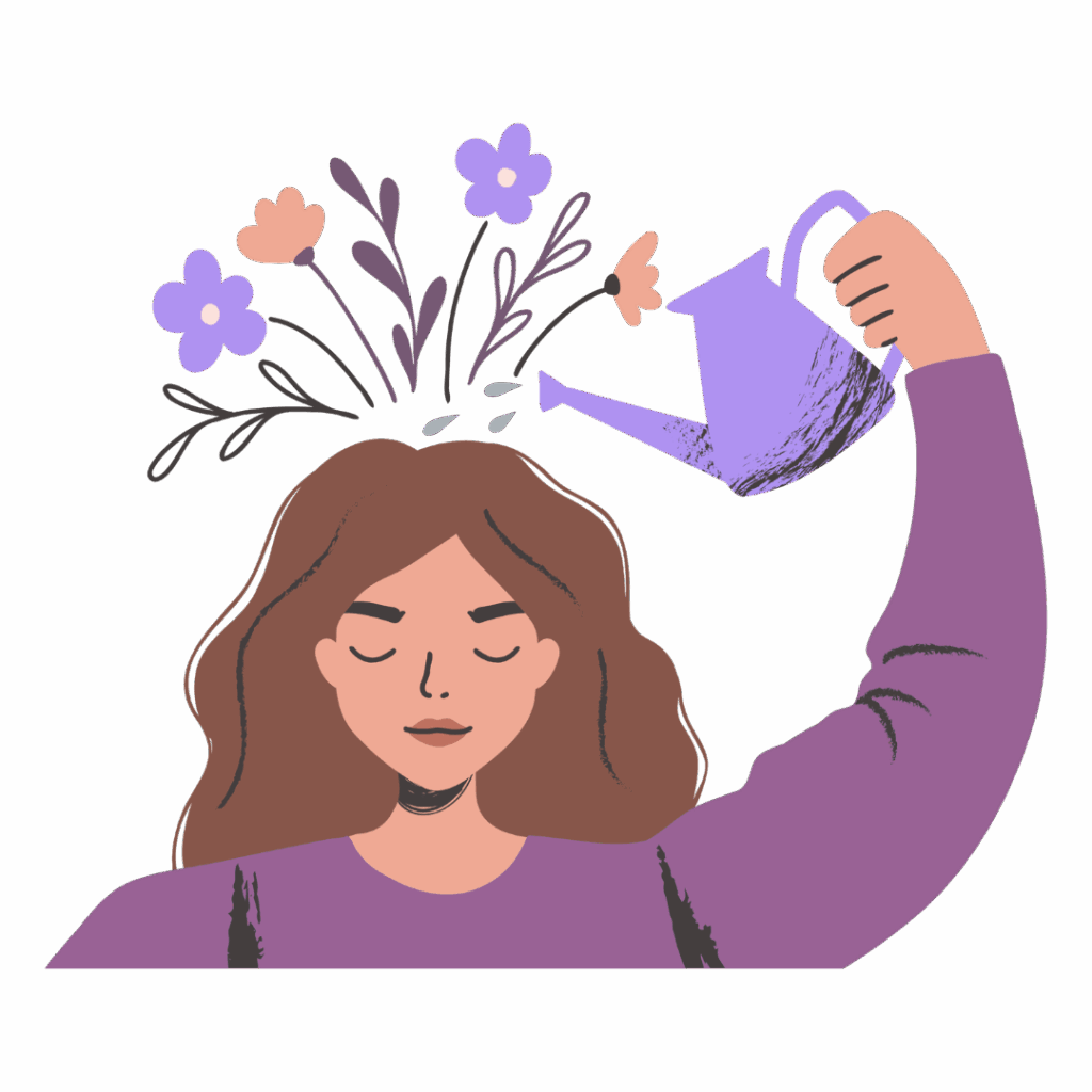 Woman in purple watering flowers from her brain